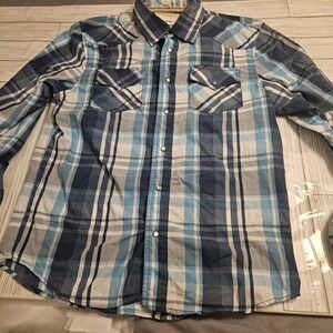 Ditch‎ Plains Shirt Mens Large Blue Peal Snap Button Up Long-sleeve